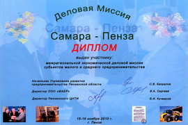 Диплом выдан участнику деловой миссии "Самара - Пенза"
